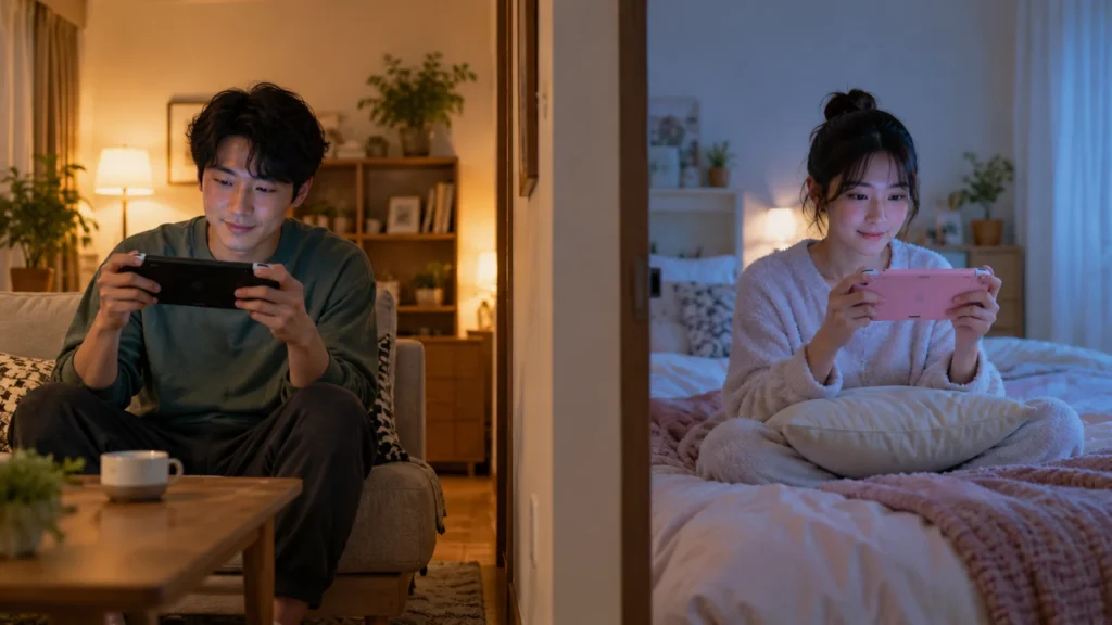 離れた部屋からゲームを遊ぶ準備をする二人のイメージ
