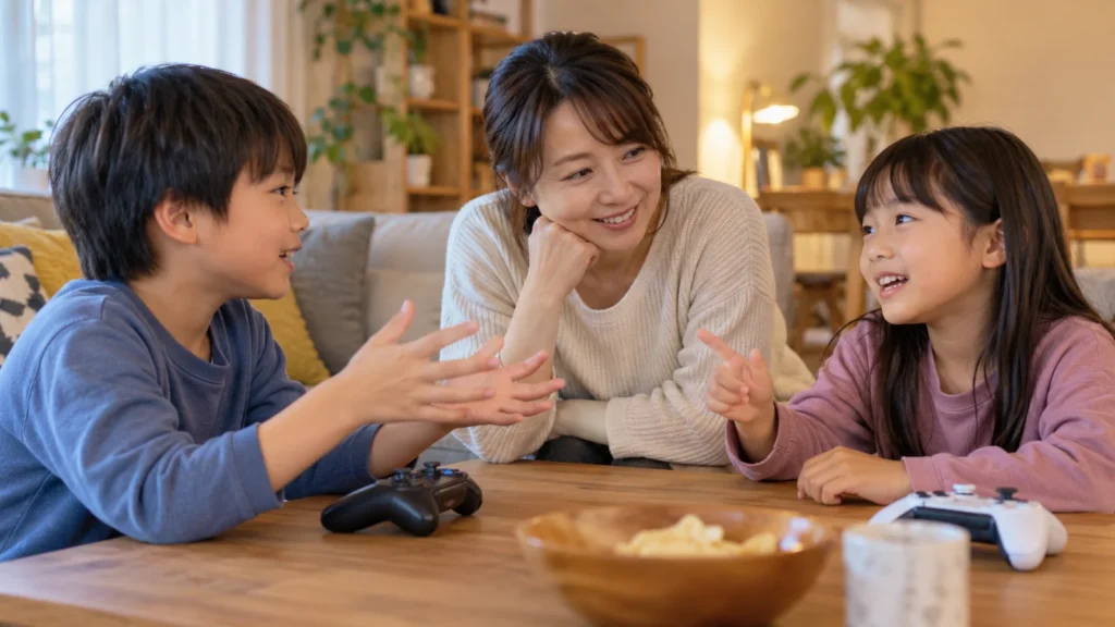 どんなゲームを遊ぶか相談する親子のイメージ