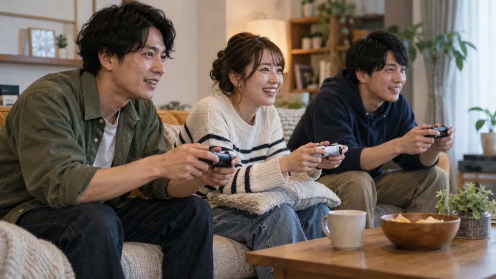 ゲームで協力しながら遊ぶ3人のイメージ