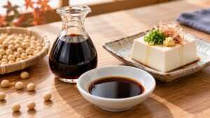 醤油差しと小皿の醤油、冷奴を並べた食卓のイメージ