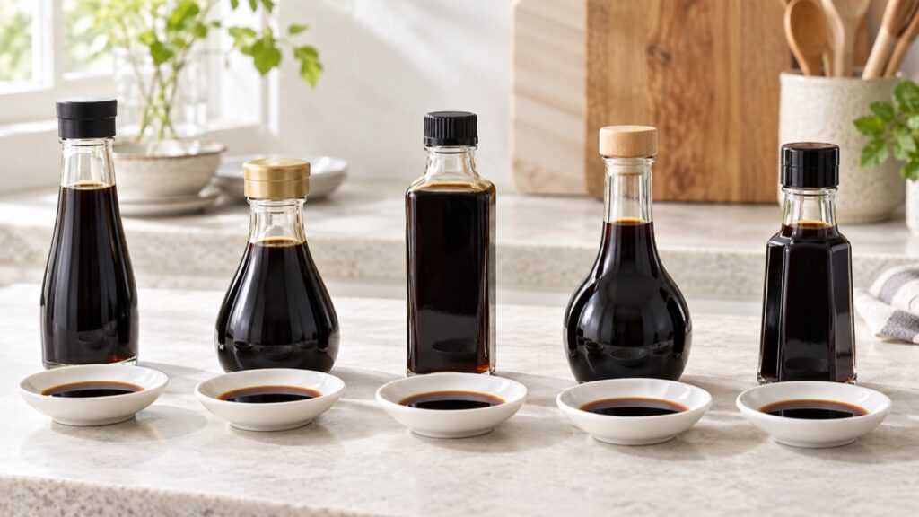 無地の醤油瓶5本と試食用の小皿を並べた比較イメージ