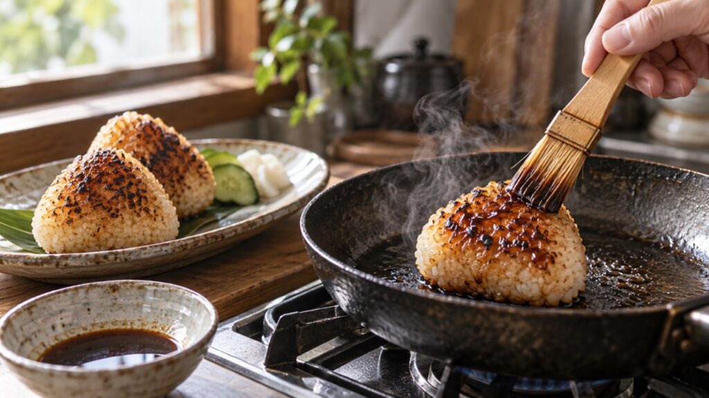 焼きおにぎりに醤油を塗る調理のイメージ