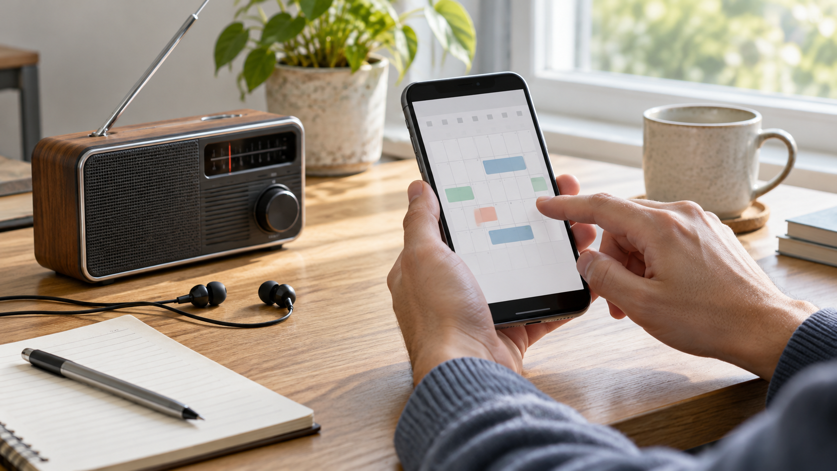 ラジオとイヤホンのそばでスマートフォンの予定を確認する様子のイメージ