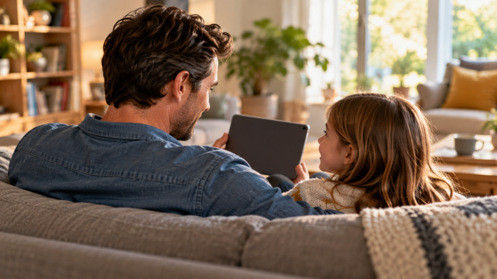 明るい部屋でタブレットを一緒に見る親子の参考イメージ