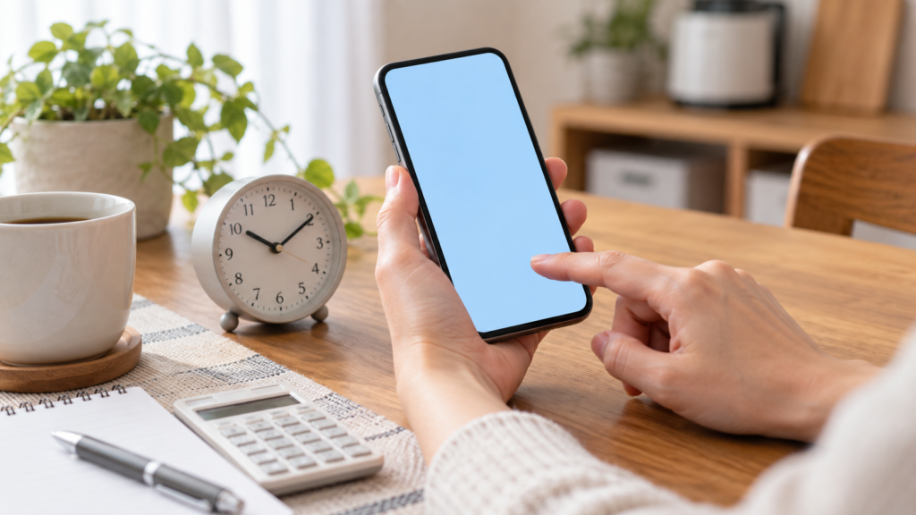 注文の日時とアカウント利用を確認するスマートフォンと時計のイメージ