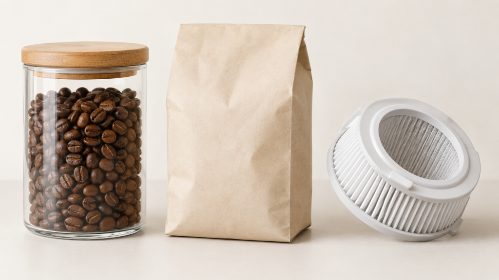 家電本体とは別に販売されるコーヒー豆と交換用フィルターのイメージ