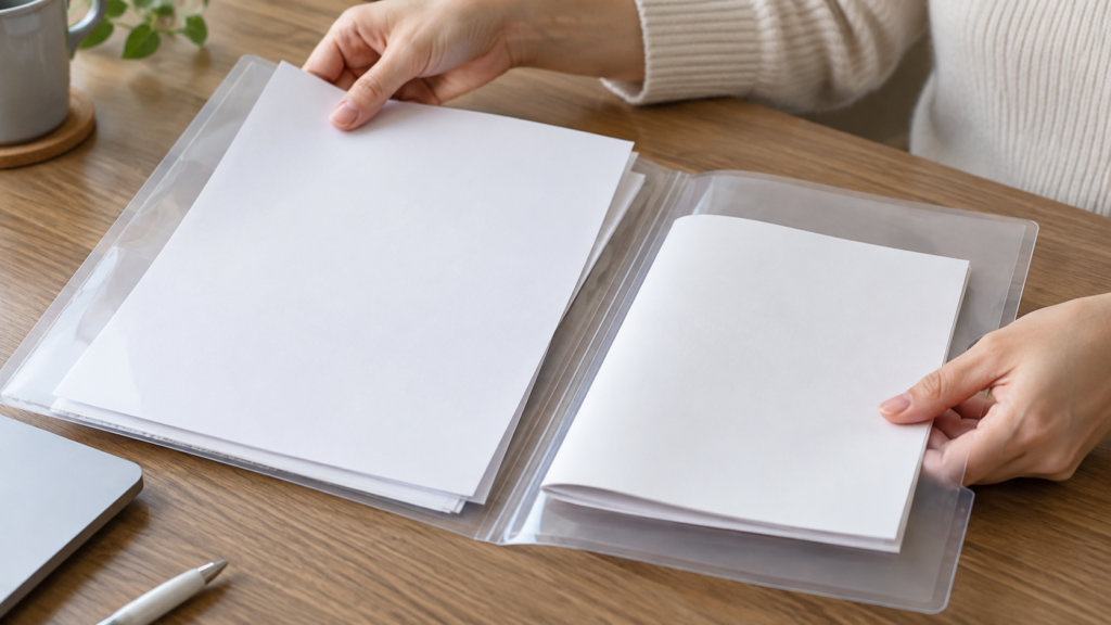 保証書類の保管を表す無地の紙と透明ファイルのイメージ