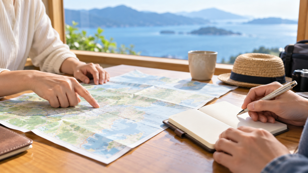 旅行先の地図と日程を照合する手元のイメージ