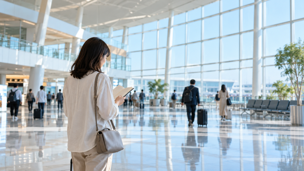 空港での外出予定を確認する旅行者のイメージ