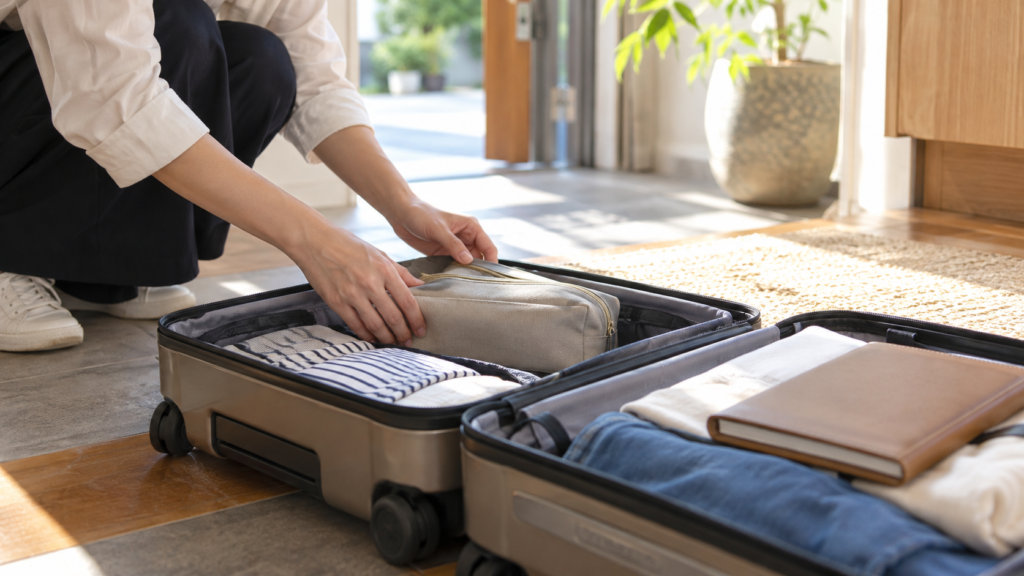 出発前に旅行書類と荷物を最終確認するイメージ