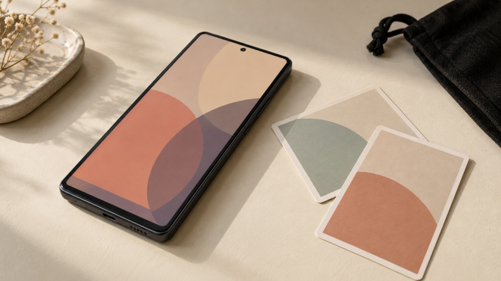 スマートフォンと無地のカード、バッグを並べた特典比較のイメージ