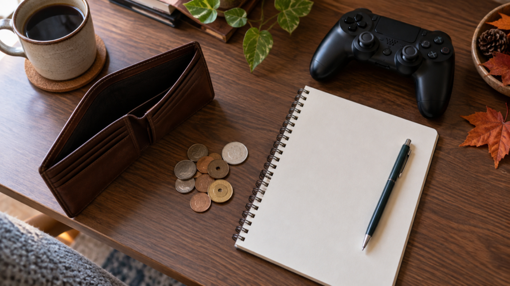 ゲーム購入の予算を考える財布と硬貨と無地のノート