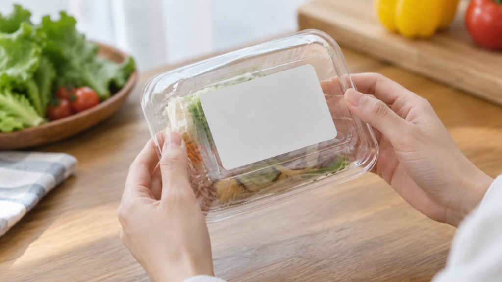 無地の食品容器を手に取り裏面を確認する様子