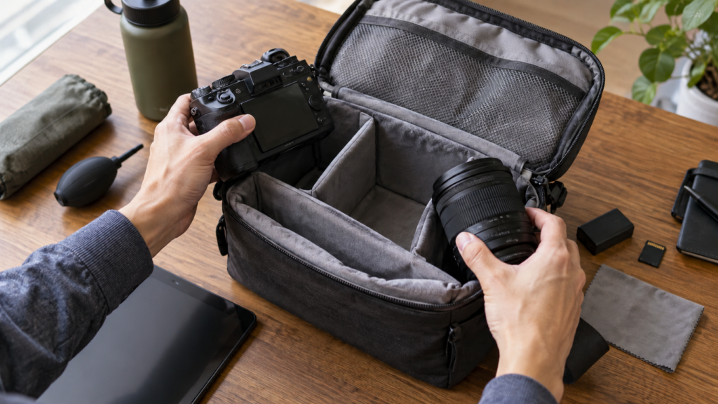 旅行用のカメラバッグにレンズを収納して確認する場面
