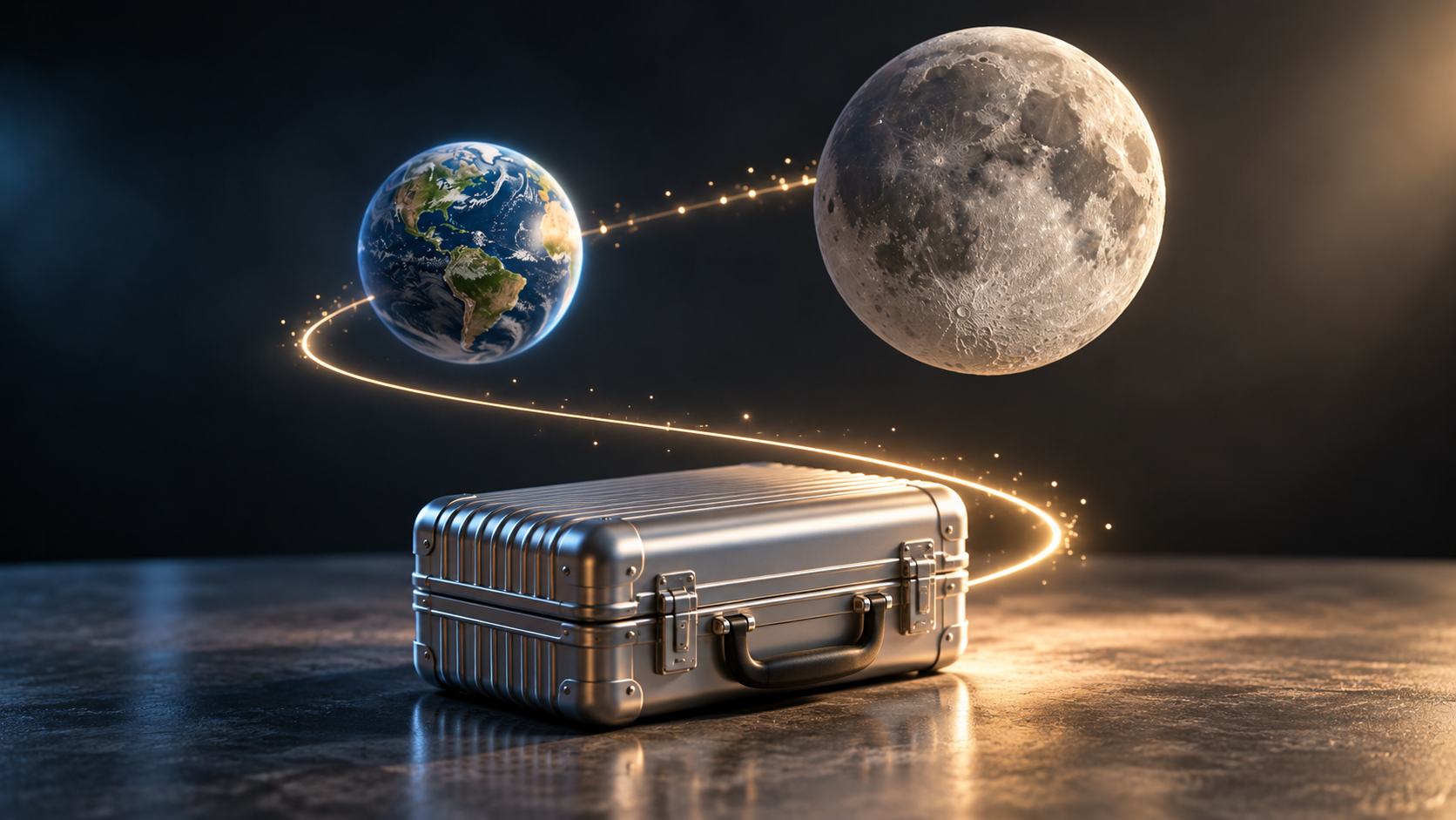 月と地球の模型に旅行鞄を合わせた宇宙旅行の参考イメージ