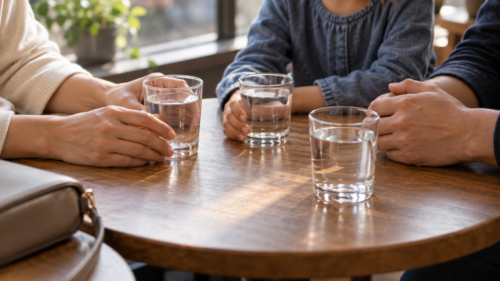 三つの飲み物を前に家族が休憩の予算を考える参考イメージ