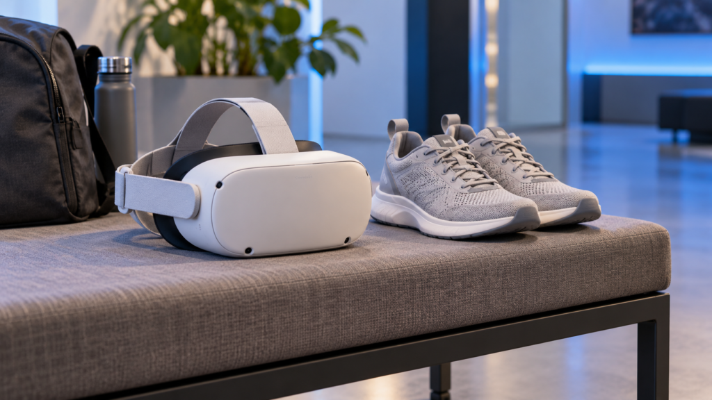 VRヘッドセットとスニーカーで利用前の準備を表した参考イメージ