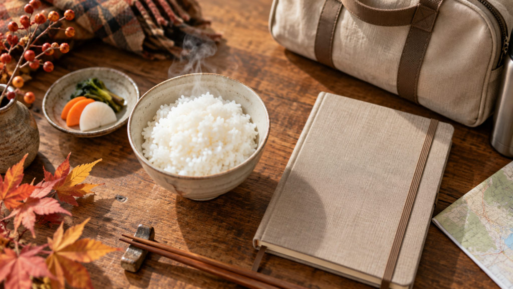 湯気の立つごはんの茶碗と外出用の手帳を並べたイメージ