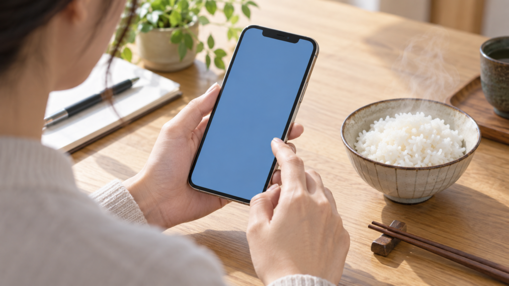 外出前にスマートフォンを確認する手元とごはんの茶碗のイメージ