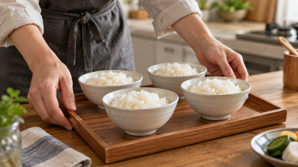 小さなごはんの茶碗を数個ずつ盆に並べる手元のイメージ