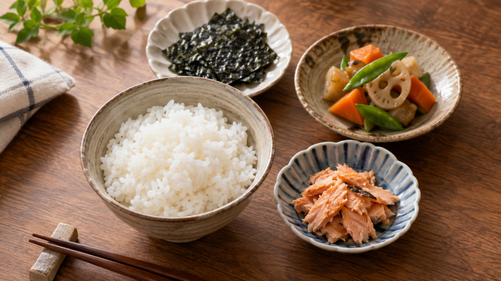 白いごはんの茶碗と種類の異なる三つの小皿を並べたイメージ