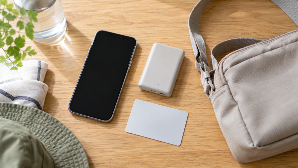スマートフォンと充電器、交通用カードをまとめた外出準備のイメージ