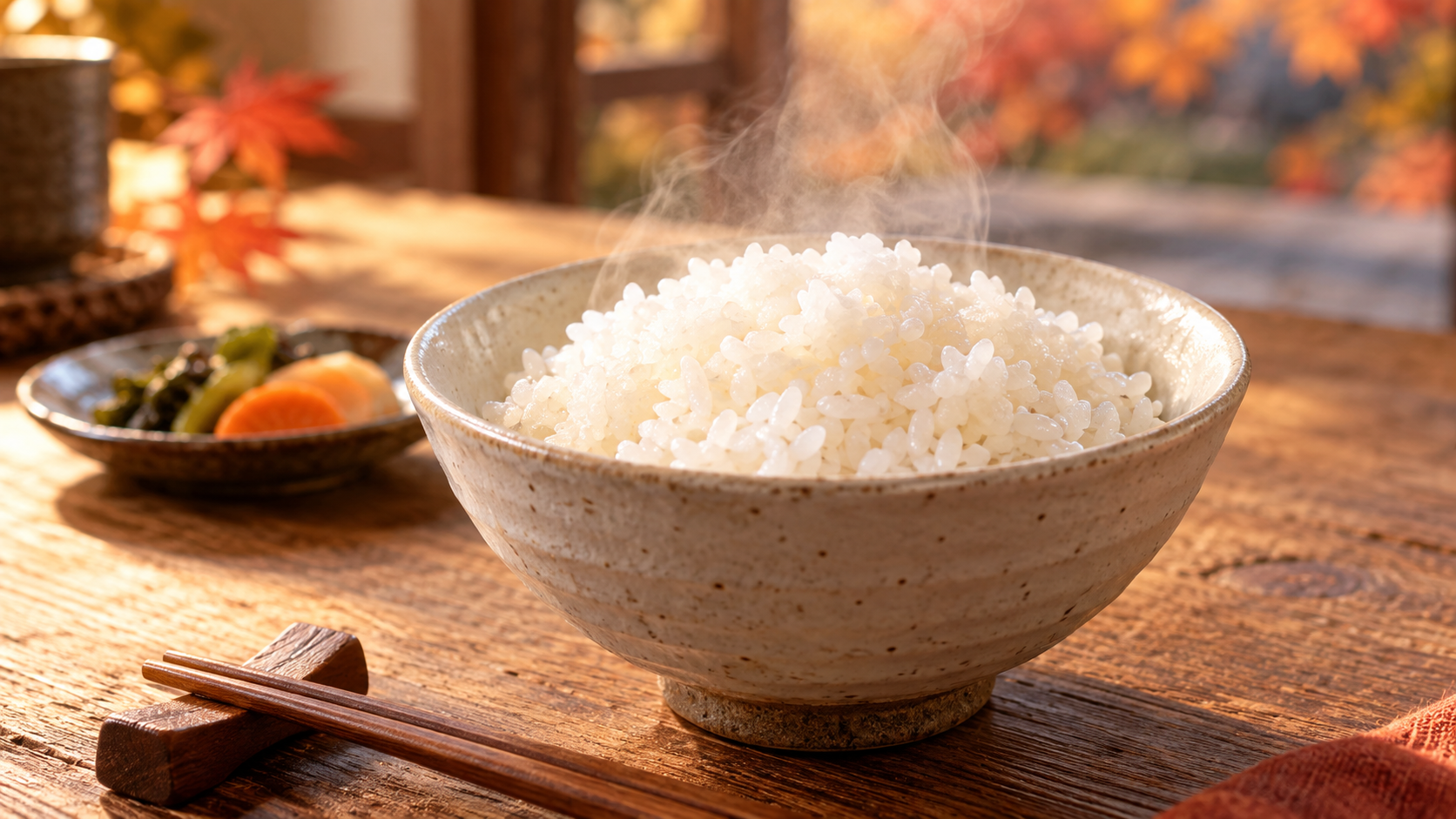 湯気の立つごはんと秋のお出かけ準備のイメージ