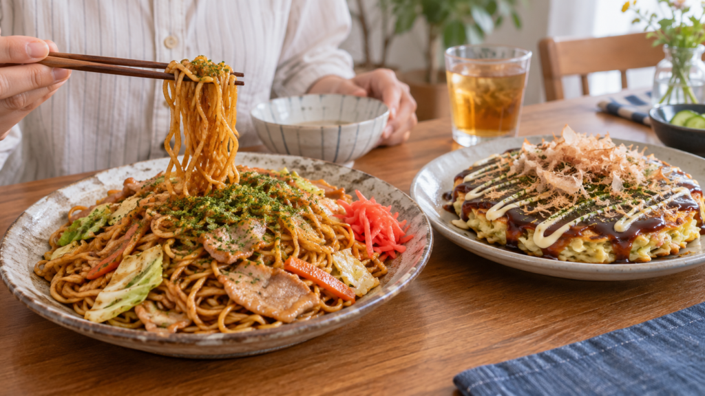 焼きそばとお好み焼きを盛り付けた生成イメージ