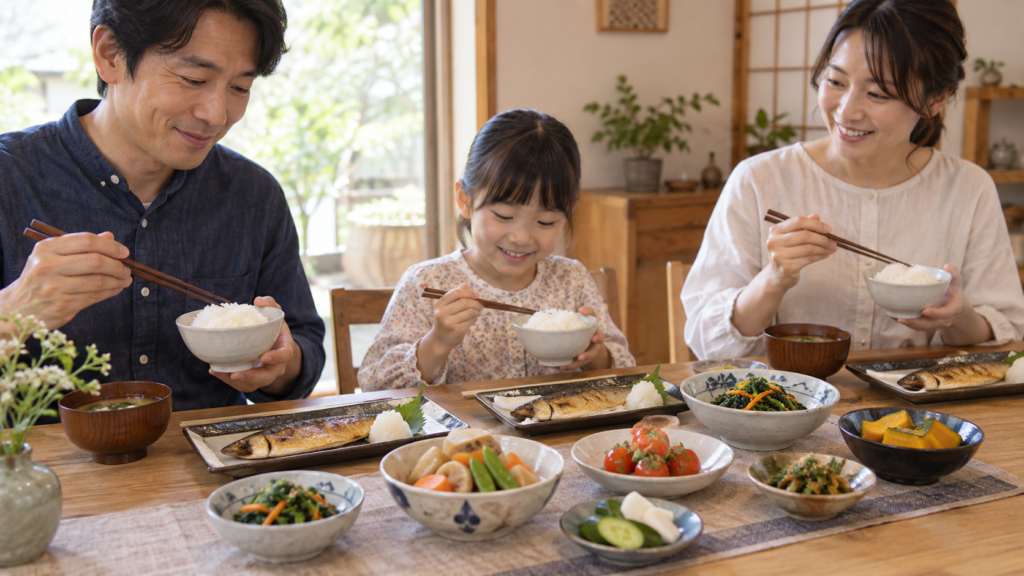 主菜とごはんと副菜を一緒に用意した生成イメージ