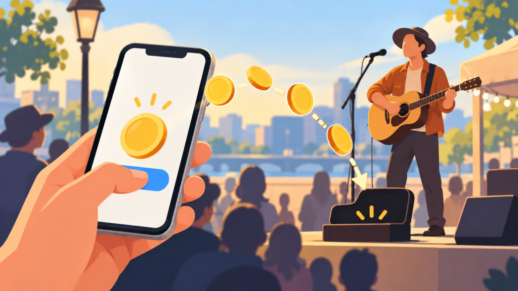 スマートフォンから大道芸人に投げ銭を送るイメージイラスト