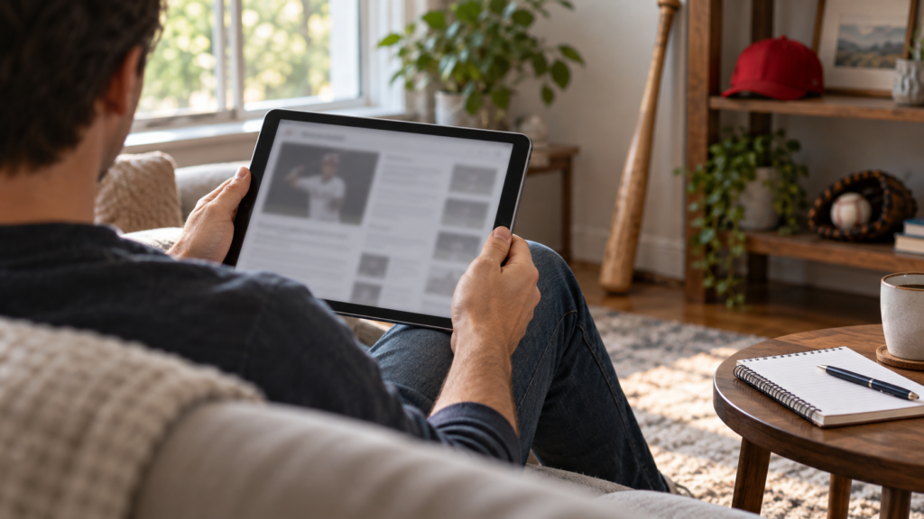 タブレットのスポーツニュースを確認する人を後ろから見た説明用のAI生成イメージ