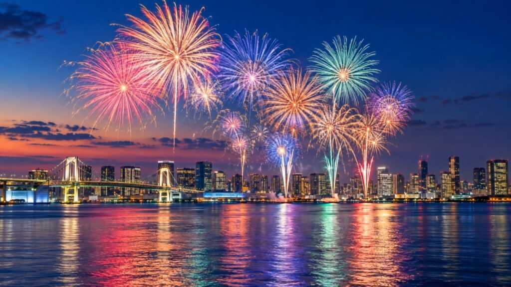 水辺の夜景を背景に広がる色とりどりの花火のイメージ