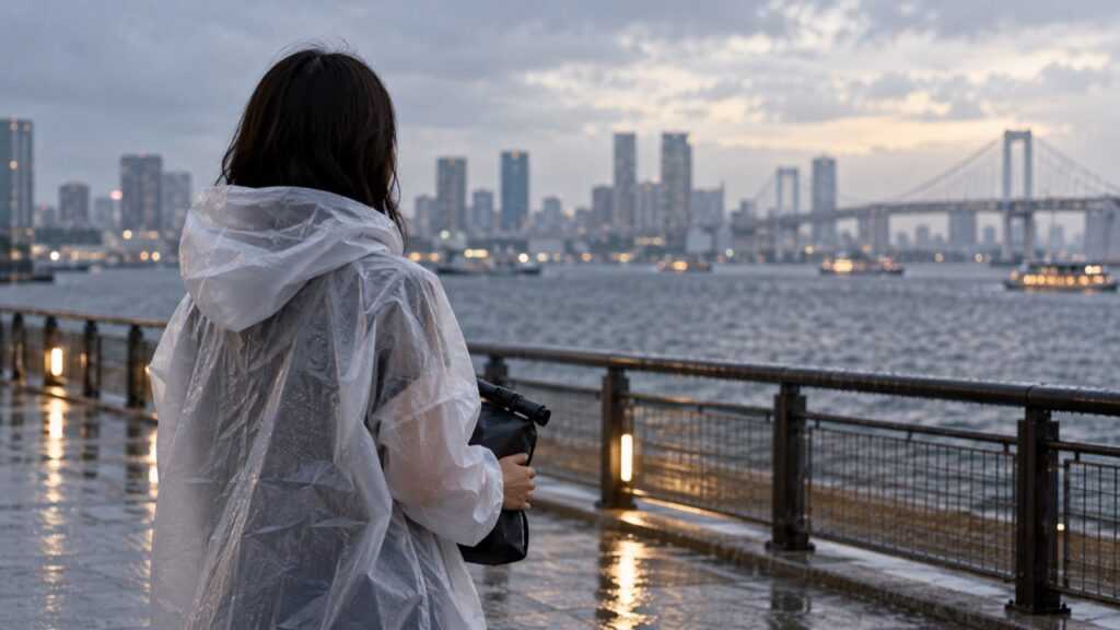 雨の水辺でポンチョを着て荷物を守る人のイメージ