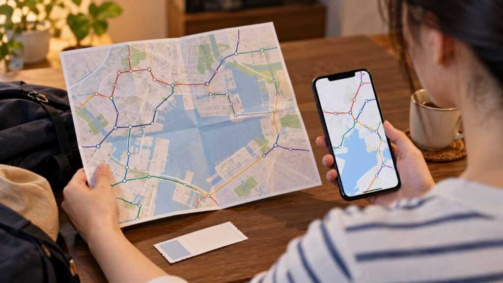紙の地図とスマートフォンを見比べて経路を調べるイメージ