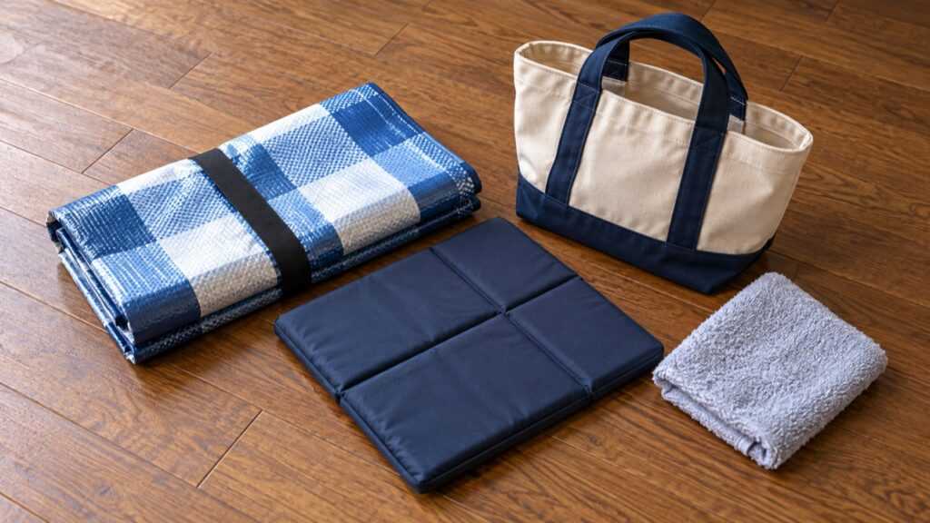 コンパクトな敷物と座布団、タオル、トートバッグの準備イメージ