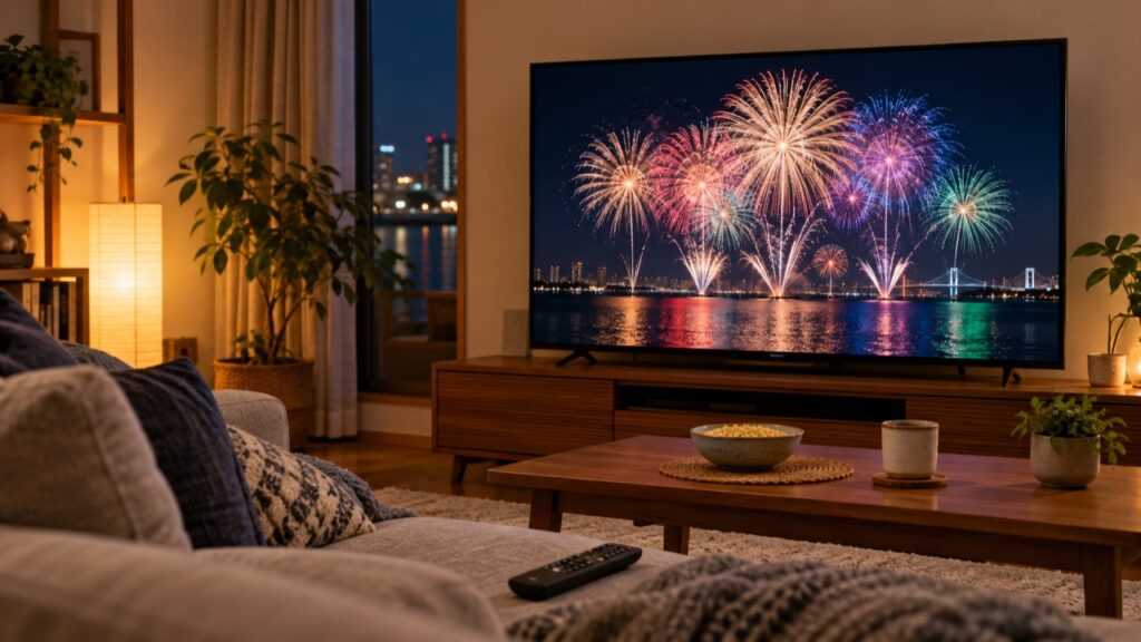 居間のテレビで花火映像を楽しむイメージ