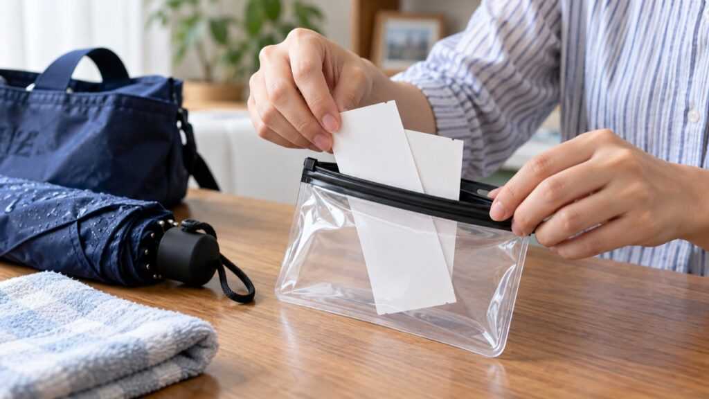 紙の券を透明な防水ポーチに入れる準備のイメージ