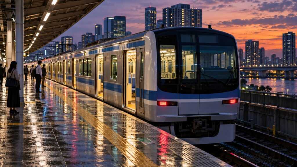 夕方の駅で公共交通機関を利用するイメージ