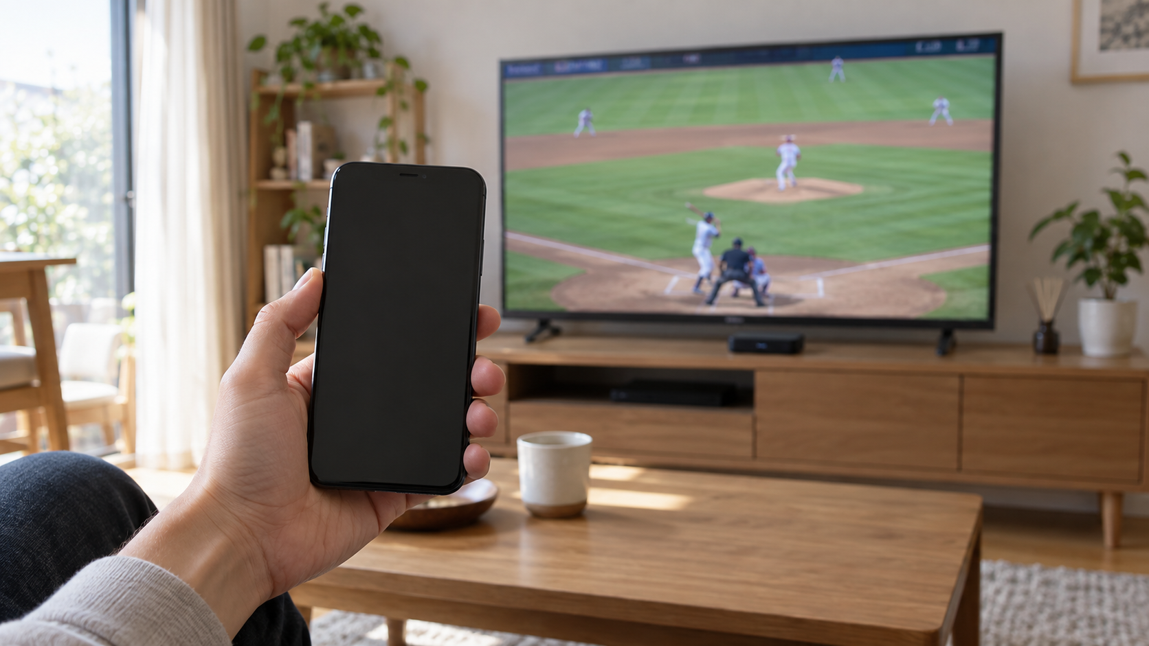 スマホからテレビへ野球の映像を送る生成イメージ