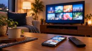 テレビとスマートフォンで動画を選ぶリビングの生成イメージ