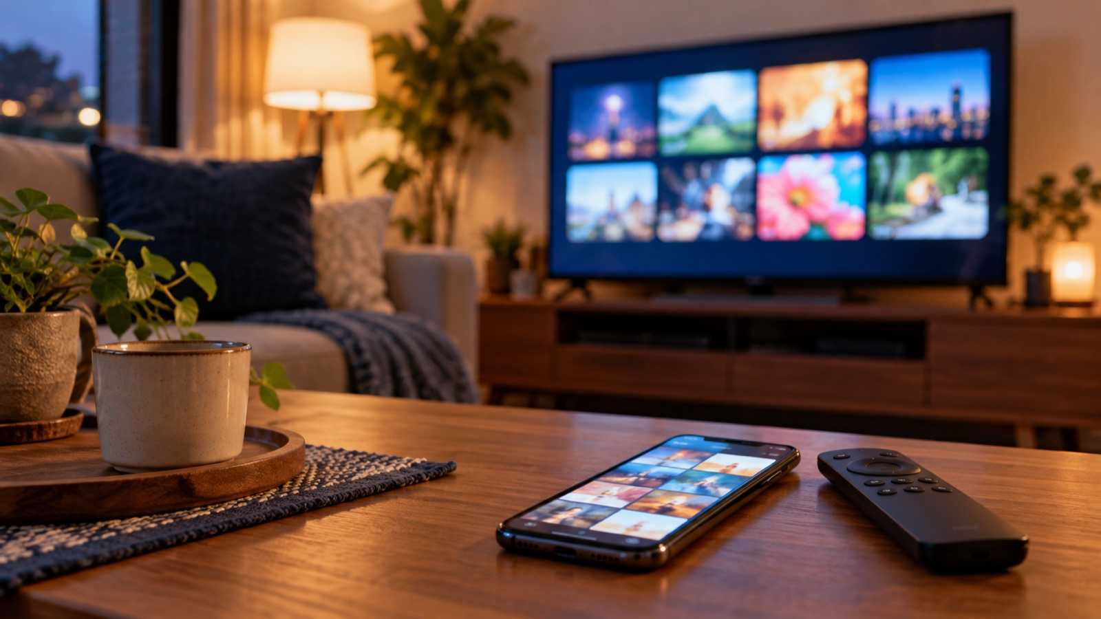 テレビとスマートフォンで動画を選ぶリビングの生成イメージ