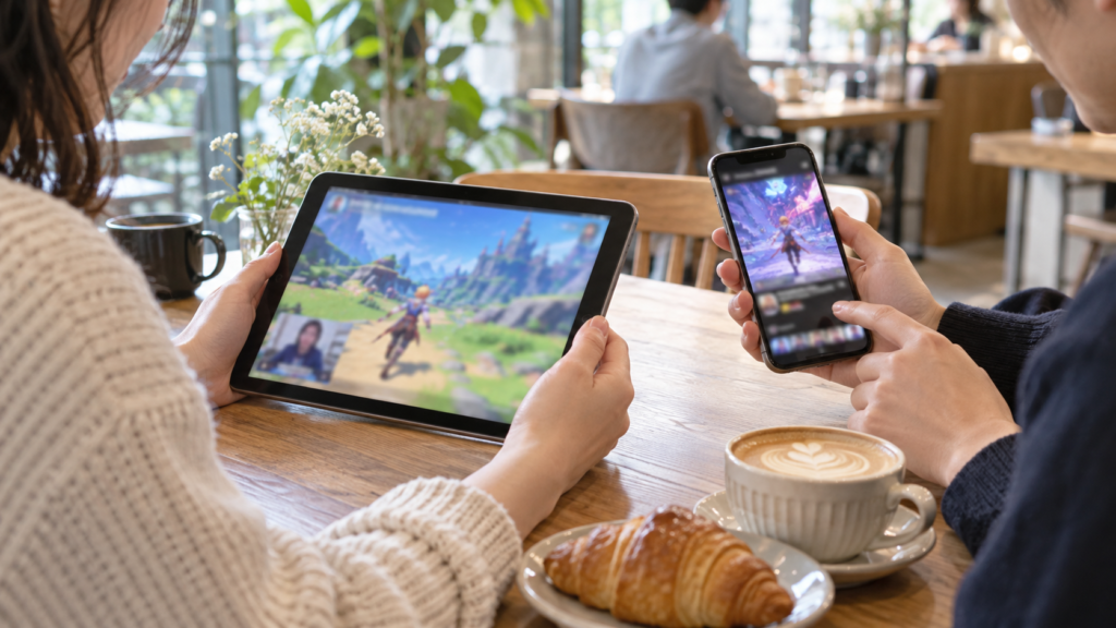 タブレットとスマートフォンで動画を見る人たちのイメージ