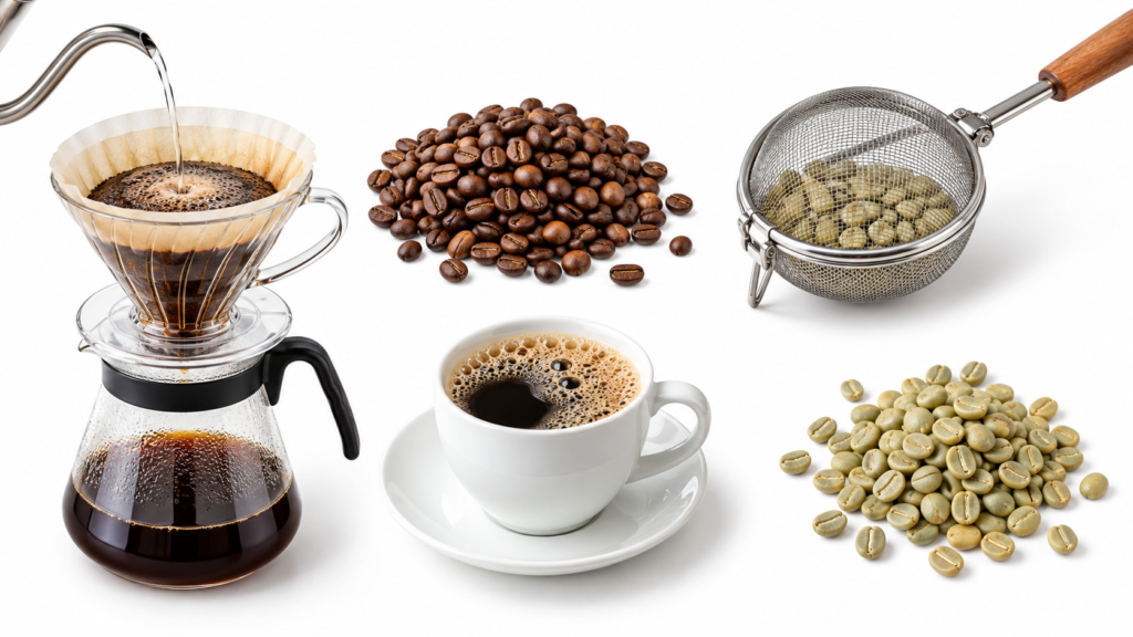 ドリッパーや生豆など六つのコーヒー体験を考える道具