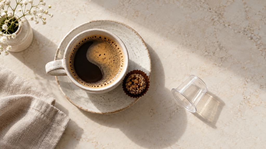 コーヒーとお菓子、透明なカプセルを並べた体験のイメージ