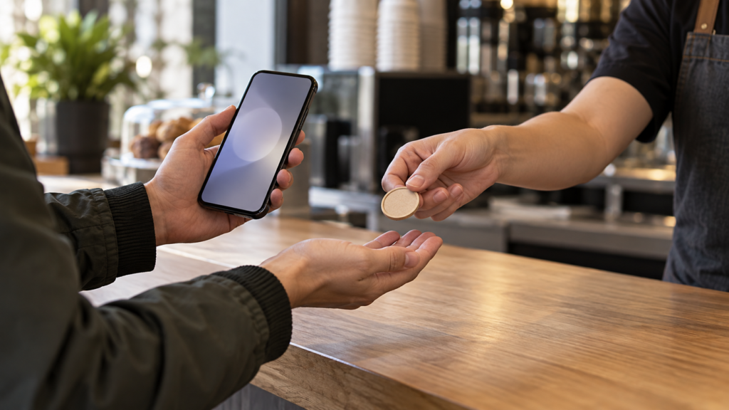 スマートフォンを提示しコインを受け取る参加手順のイメージ