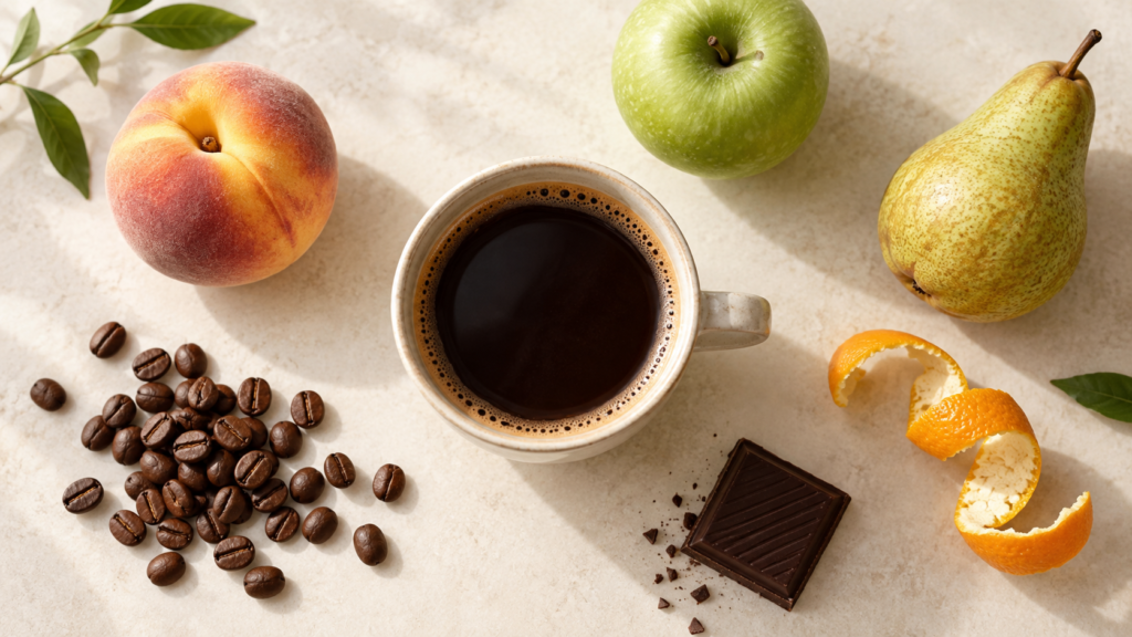 コーヒー豆と果物、チョコレートを並べた風味のイメージ