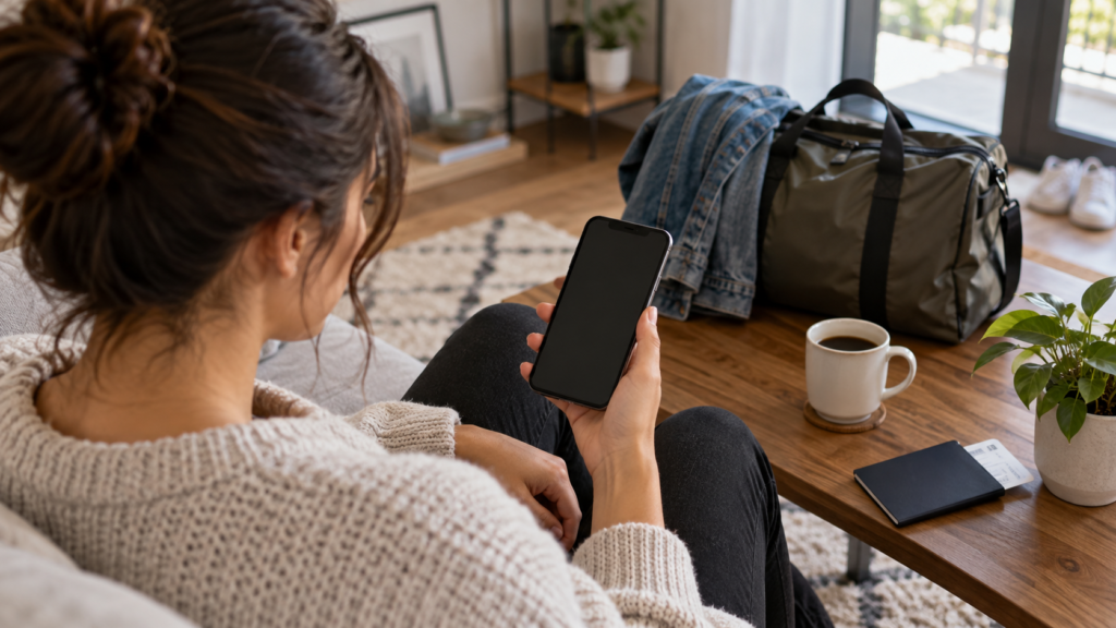 外出前にスマートフォンで会場を調べるイメージ
