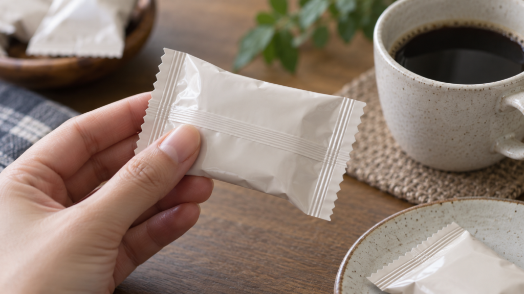お菓子の包装とコーヒーを前に提供内容を確認するイメージ