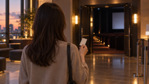 映画館へ向かう観客と無地のチケットを描いた生成イメージ