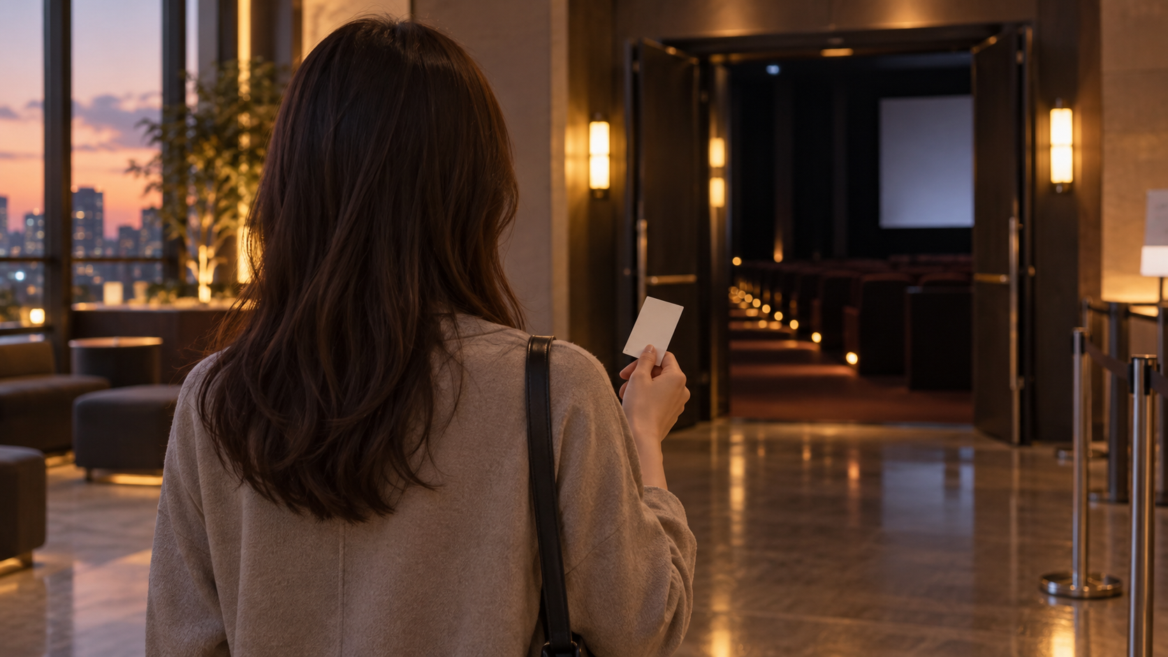 映画館へ向かう観客と無地のチケットを描いた生成イメージ